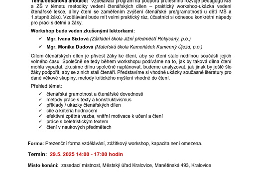 VA30_Odborný workshop pro pedagogy – metodika čtenářských dílen - Zobrazí fotky z tohoto alba VA30_Odborný workshop pro pedagogy – metodika čtenářských dílen